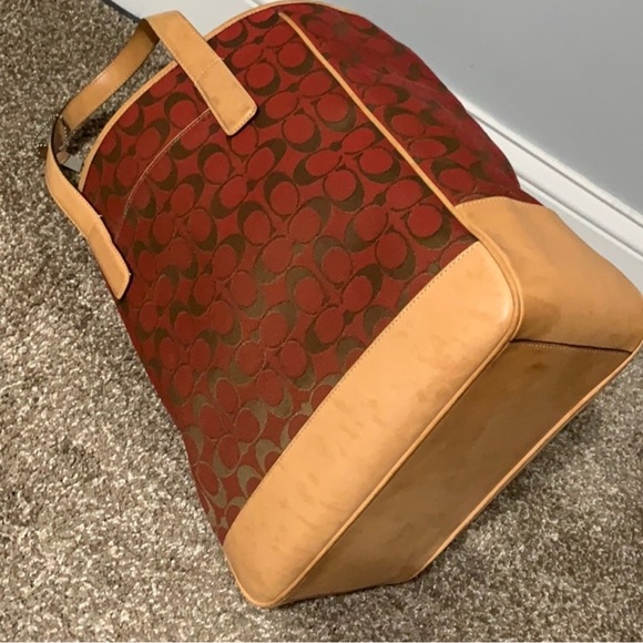 Coach Signature Canvas Tote. Wine & Brown letter C with leather trim detail. - Picture 2 of 3